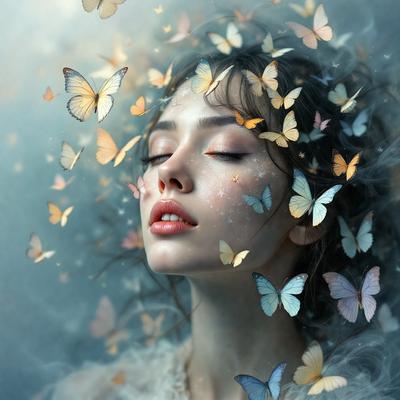 The primary subject of the image is a woman with her eyes closed, surrounded by a multitude of butterflies. The setting is a dreamy, whimsical environment, with the woman's face and the butterflies being the main focus of the image. The visual style is a combination of photography and digital art, creating a surreal and captivating scene. The colors and mood are predominantly warm and soothing, with the butterflies adding a touch of playfulness and innocence